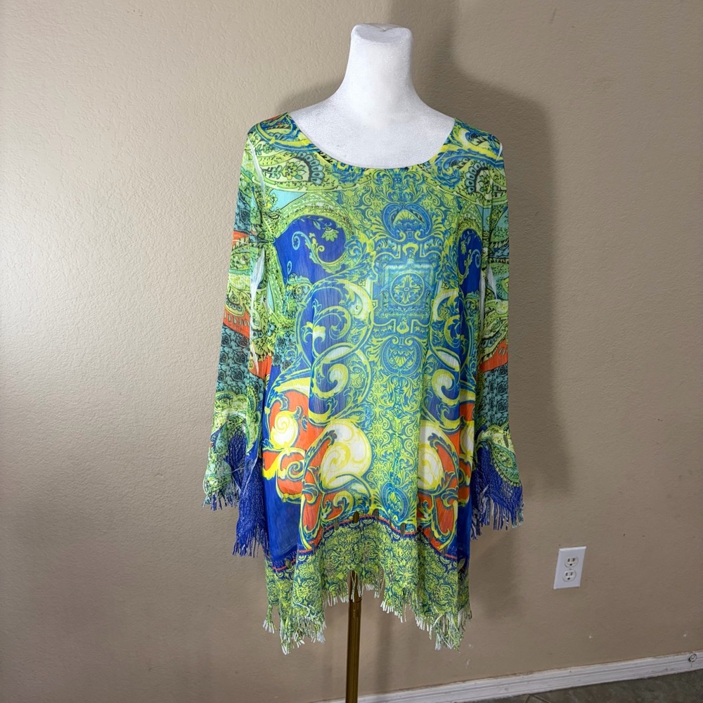 Made in USa Multicolor Paisley Fringe Hem Blouse Large Boho Bikercore Grunge